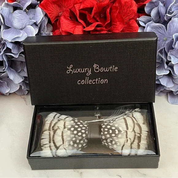 Handmade Black and White Feather Bow Tie Boutonnière Lapel Pin Set - Picture 13 of 16